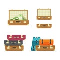 Suitcase old open travel isolated vector set in flat cartoon style illustration, retro leather brown color closed Royalty Free Stock Photo