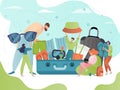Suitcase pack, travel concept vector illustration, cartoon flat tiny people packing bag luggage for summer trip