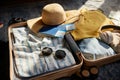 Suitcase packed with clothes, hat and personal belongings for travel