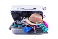 Suitcase Packed to Vacation, Open Red Luggage Full of Clothes, Family Travel Items Baggage, Trip Concept Royalty Free Stock Photo