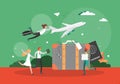 Suitcase, passport, late for flight people catching airplane, vector illustration. Worldwide tour, travel by plane.