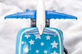 suitcase piggy bank airplane plastic toy on yellow flowers green grass or gray blanket,child baby hands.travel