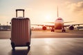A suitcase on a runway with blurred airplane at evening generative AI