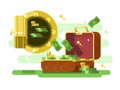 Suitcase and safe with money and golden coins