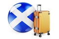 Suitcase with Scottish flag. Scotland travel concept, 3D rendering Royalty Free Stock Photo