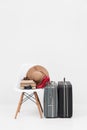Suitcase with shoes, and cemera ready for travel Royalty Free Stock Photo