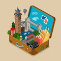 Suitcase sights landmarks vacation travel flat isometric vector