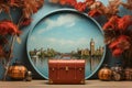 A suitcase sitting in front of London wallpaper with Big Ben. Minimalist London tourist concept