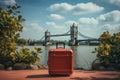 A suitcase sitting in front of London wallpaper with Tower Bridge. Minimalist London tourist concept