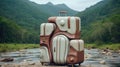 A suitcase sitting on the side of a river, AI