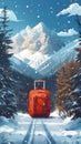 A suitcase on a snowy picturesque landscape is an opportunity to enjoy the unique nature. Freedom to travel.