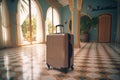 suitcase standing in empty hotel hall with in luxury resort holiday retro colors Royalty Free Stock Photo