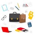 Suitcase, stationery, books, notepad vector icons. Contents of the teachers bag