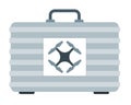 Suitcase with sticker for storage, carrying quadcopter vector flat icon isolated.