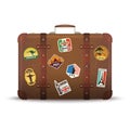 Suitcase stickers. Old retro luggage with travel badges vintage antique package vector picture