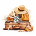 Suitcase with straw bag and a hat. Travel concept illustration. AI Generated Royalty Free Stock Photo
