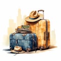 Suitcase with straw bag and a hat. Travel concept illustration. AI Generated Royalty Free Stock Photo