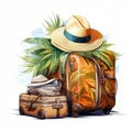 Suitcase with straw bag and a hat. Travel concept illustration. AI Generated Royalty Free Stock Photo