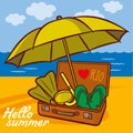 Suitcase with summer things and an umbrella on the beach