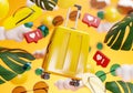 Suitcase Summer Yellow Background Concept 3D Rendering