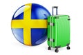 Suitcase with Swedish flag. Sweden travel concept, 3D rendering Royalty Free Stock Photo