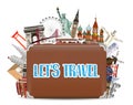 Suitcase travel bag with world travel landmark Royalty Free Stock Photo