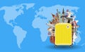 Suitcase with travel landmark on world map