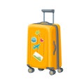 Suitcase for travel of tourists, isolated plastic luggage equipment with four wheels