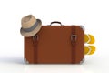 Suitcase of a traveler with straw hat and flip flops isolated on white background