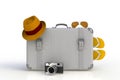 Suitcase of a traveler with  straw hat and retro film photo camera  on white background Royalty Free Stock Photo