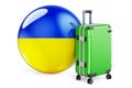 Suitcase with Ukrainian flag. Ukraine travel concept, 3D rendering