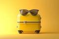 A suitcase wearing sunglasses. Summer travel vacation