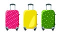 Suitcase on wheels set pink yellow and green Vector illustration isolated on white background