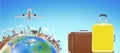 Suitcase with world travel landmark and airplane