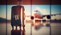 Suitcases in airport departure lounge, airplane in background, summer vacation concept, traveler suitcases in airport Royalty Free Stock Photo