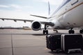 Suitcases in airport departure lounge, airplane in background, summer vacation concept, Royalty Free Stock Photo