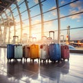 Suitcases in the airport departure lounge, summer vacation concept, traveler suitcases in airport terminal waiting area Royalty Free Stock Photo