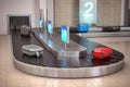 Suitcases on the airport luggage conveyor belt. Baggage claim. Airport terminal Royalty Free Stock Photo