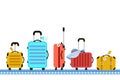 Suitcases on airport luggage conveyor belt. Travel bag. Summer time. Holidays. Vacation trip. Rest trip. Luggage band on Royalty Free Stock Photo