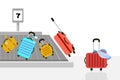 Suitcases on airport luggage conveyor belt. Travel bag. Summer time. Holidays. Vacation trip. Rest trip. Luggage band on