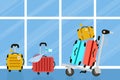 Suitcases on airport and luggage trolley. Travel bag. Summer time. Holidays. Vacation trip. Rest. Windows.