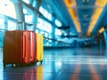 Suitcases in airport terminal waiting area, airplane background, summer vacation Tourist journey trip concept Royalty Free Stock Photo