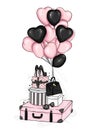 Suitcases, bag, shoes and fashion accessories with heart-shaped balloons. Dessert. Vector illustration for greeting card or poster Royalty Free Stock Photo