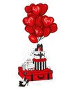 Suitcases, bag, shoes and fashion accessories with heart-shaped balloons. Dessert. Vector illustration for greeting card or poster