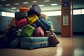 suitcases and bags piled up in heap in airport baggage claim area