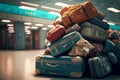 suitcases and bags piled up in heap in airport baggage claim area