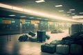 Suitcases and bags piled up in heap in airport baggage claim area