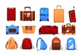 Suitcases. Cartoon travel airport luggage for journey collection, different trip baggage with case, leather bags and