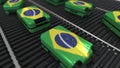 Many travel suitcases featuring flag of Brazil. Brazilian tourism conceptual 3D rendering Royalty Free Stock Photo