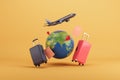 Suitcases and a globe with an airplane in flight, symbolizing travel and exploration on a yellow background.